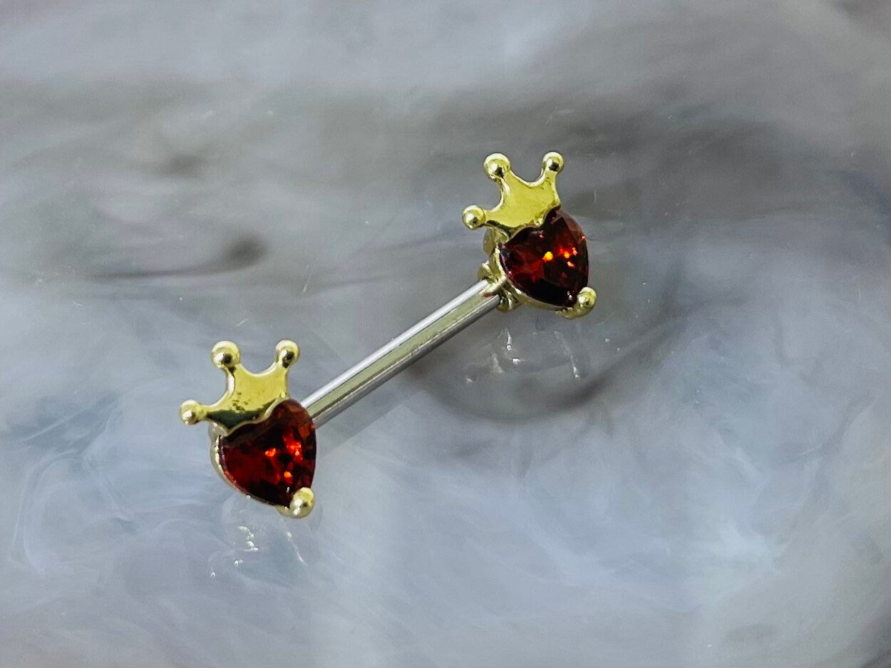 Pair of 14G Red Heart & Gold Crown Top Nipple Barbell. Nipple Piercing. Nipple Ring. Nipple Jewelry