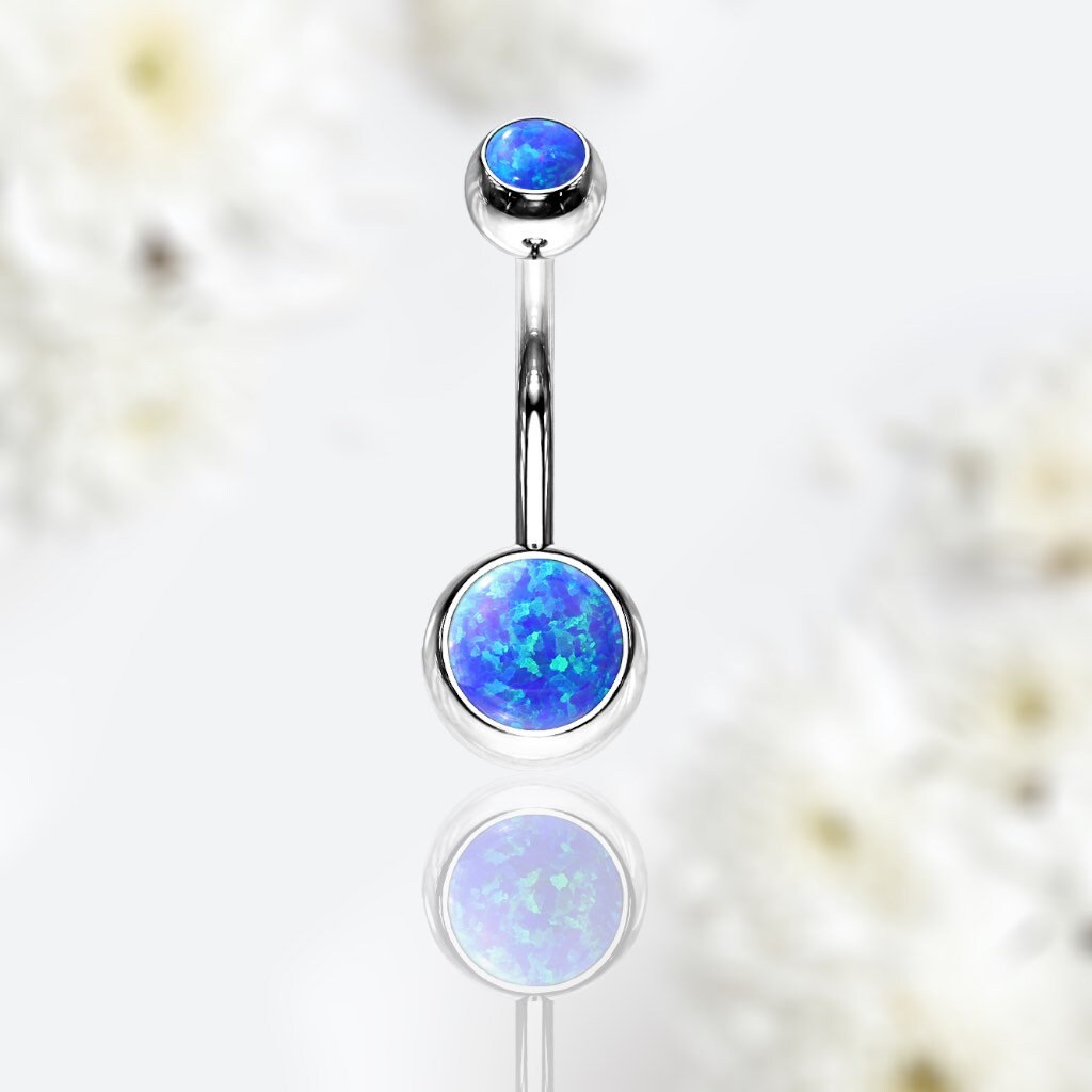 14G Blue Opal Bezel Set Surgical Steel Belly Button Ring