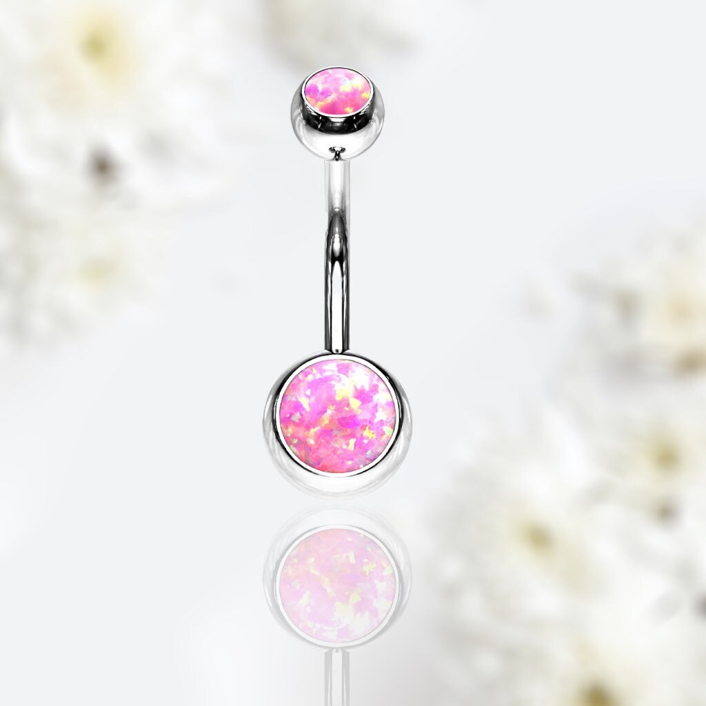 14G Pink Opal Bezel Set Surgical Steel Belly Button Ring