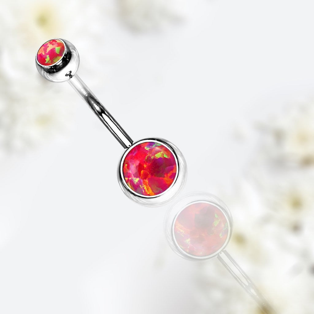 14G Red Opal Surgical Steel Belly Button Ring