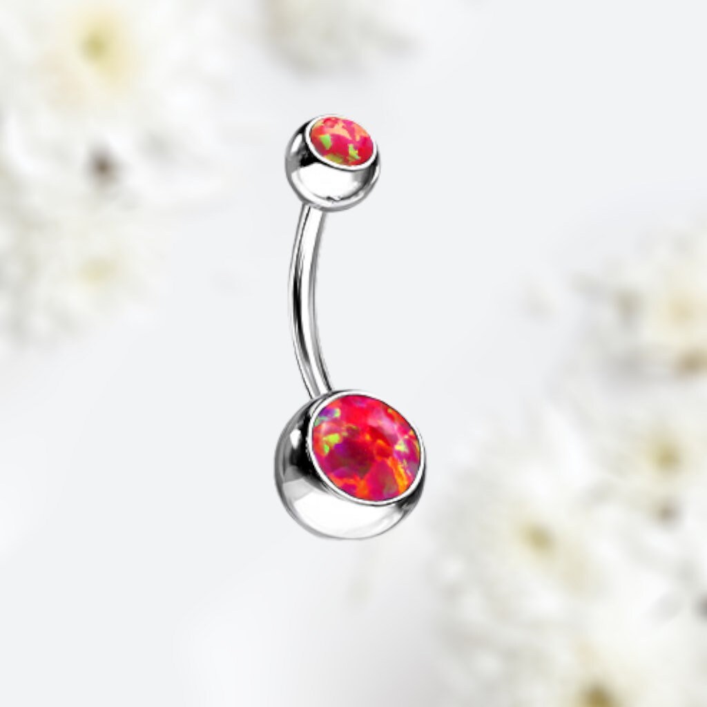 14G Red Opal Surgical Steel Belly Button Ring