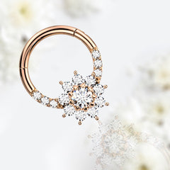 16G Rose Gold Sparkling Stone Flower 8mm Surgical Steel Seamless Hinged Septum Clicker Ring.