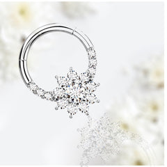 16G Silver Sparkling Stone Flower 8mm Surgical Steel Seamless Hinged Septum Clicker Ring.