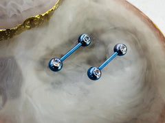 14G Blue Barbell Clear Gems Nipple Barbell. Nipple Jewelry. Nipple Piercing.