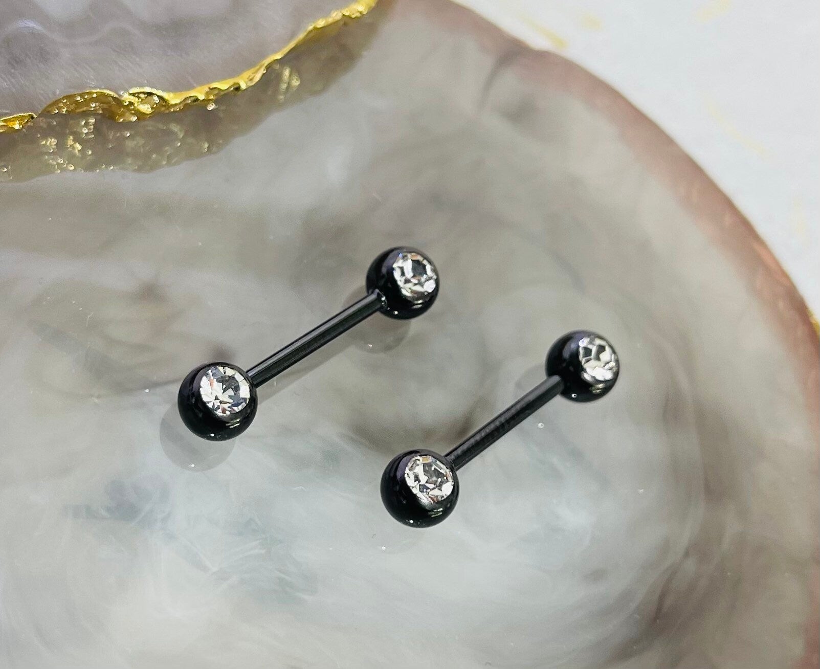 Pair of 14G Black Front Facing Clear Gems Nipple Barbell. Nipple Jewelry. Nipple Piercing.