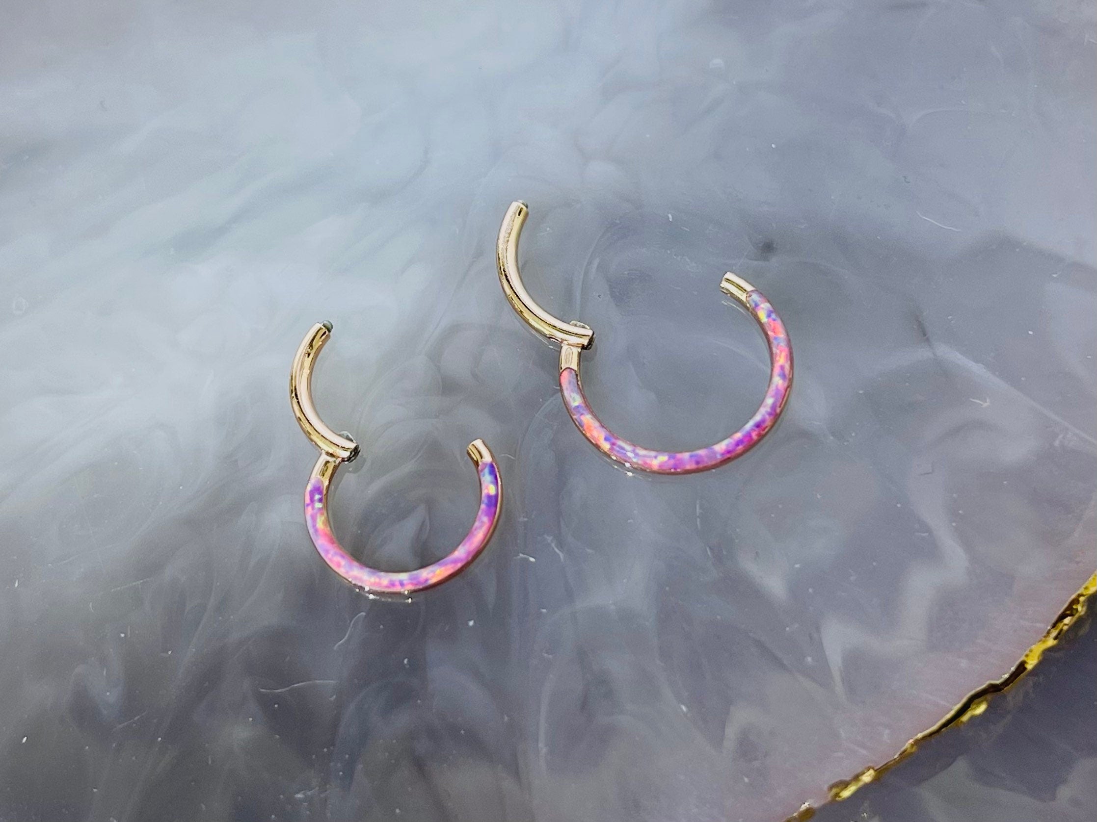 16G Surgical Steel Rose Gold Pink Opal Inlay Front Facing 10MM/8MM Septum Clicker Ring. Septum Piercing. Septum Ring. Nose Ring.