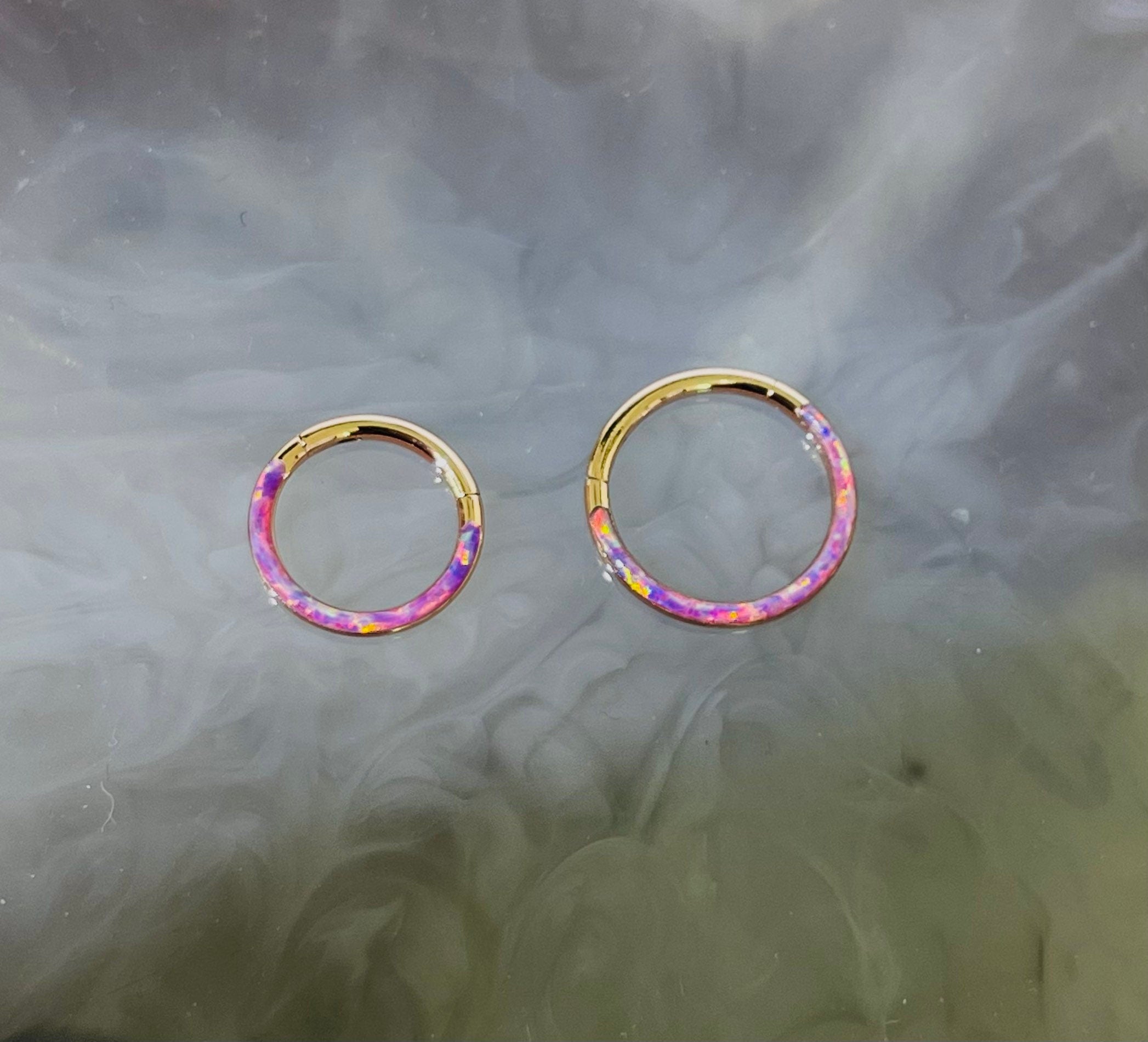 16G Surgical Steel Rose Gold Pink Opal Inlay Front Facing 10MM/8MM Septum Clicker Ring. Septum Piercing. Septum Ring. Nose Ring.