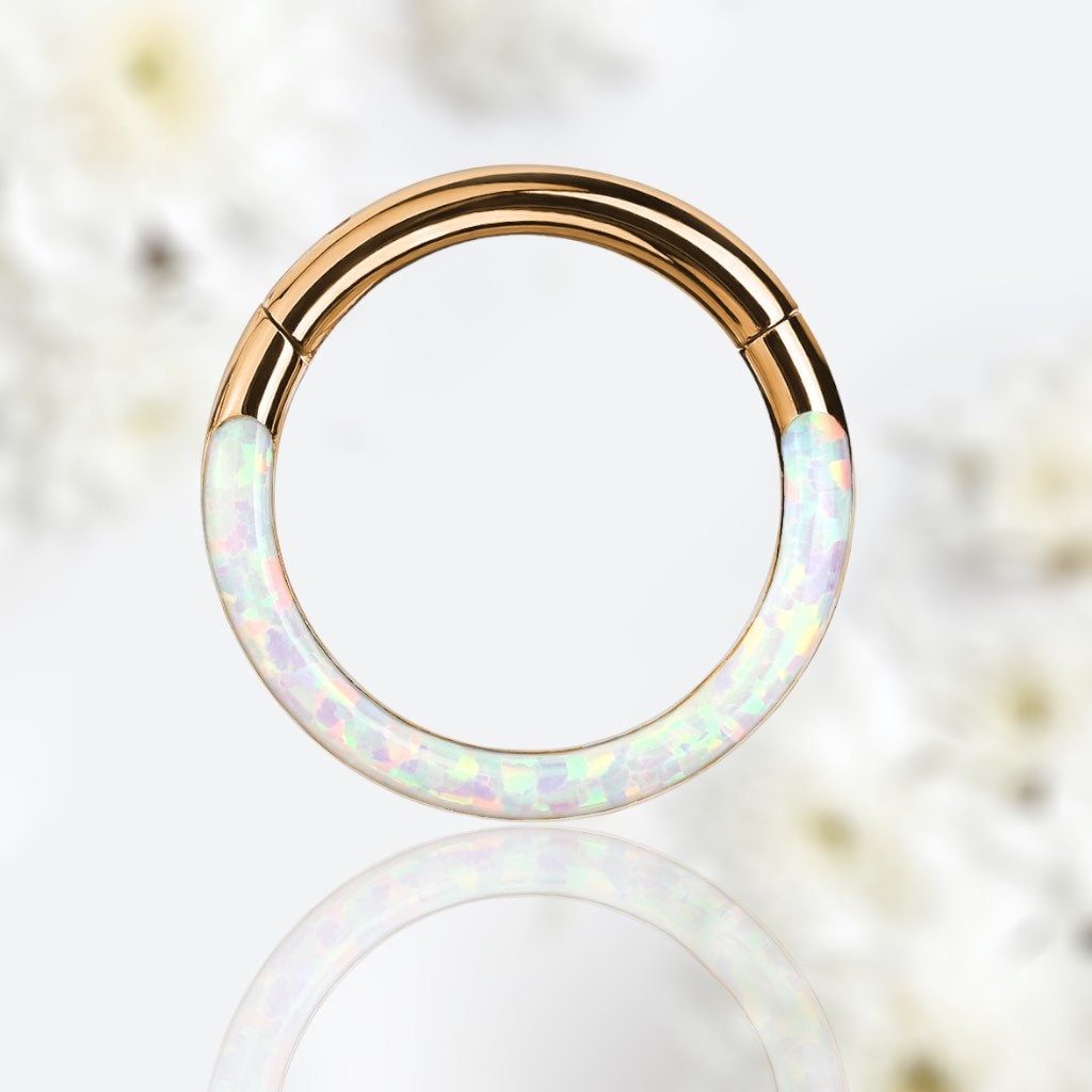 16G Surgical Steel Rose Gold White Opal Inlay Front Facing 10MM/8MM Septum Clicker Ring. Septum Piercing. Septum Ring. Nose Ring.