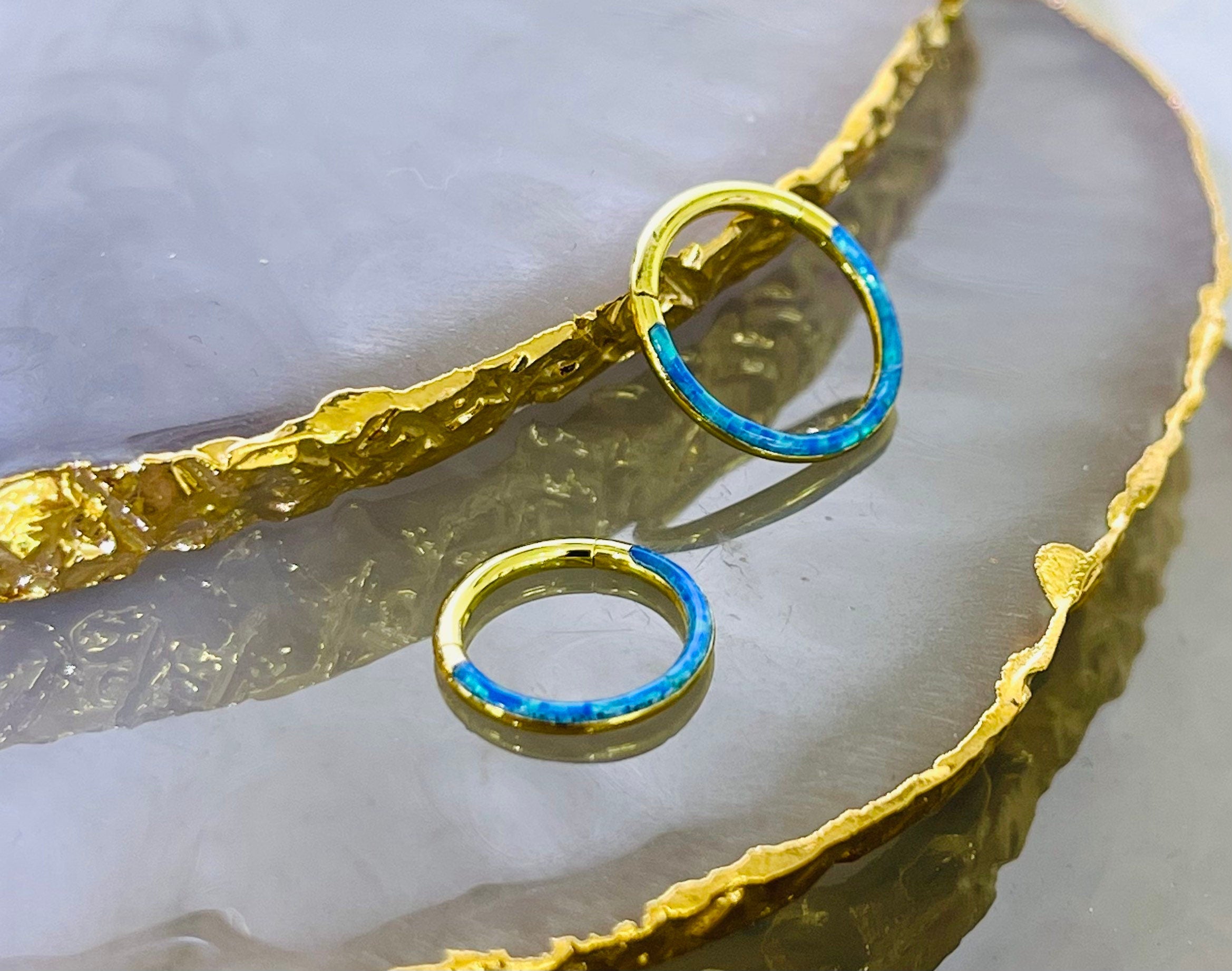 16G Surgical Steel Gold Blue Opal Inlay Front Facing Septum Clicker Ring. Septum Piercing.