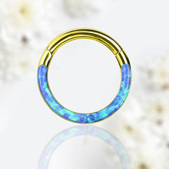 16G Surgical Steel Gold Blue Opal Inlay Front Facing Septum Clicker Ring. Septum Piercing.