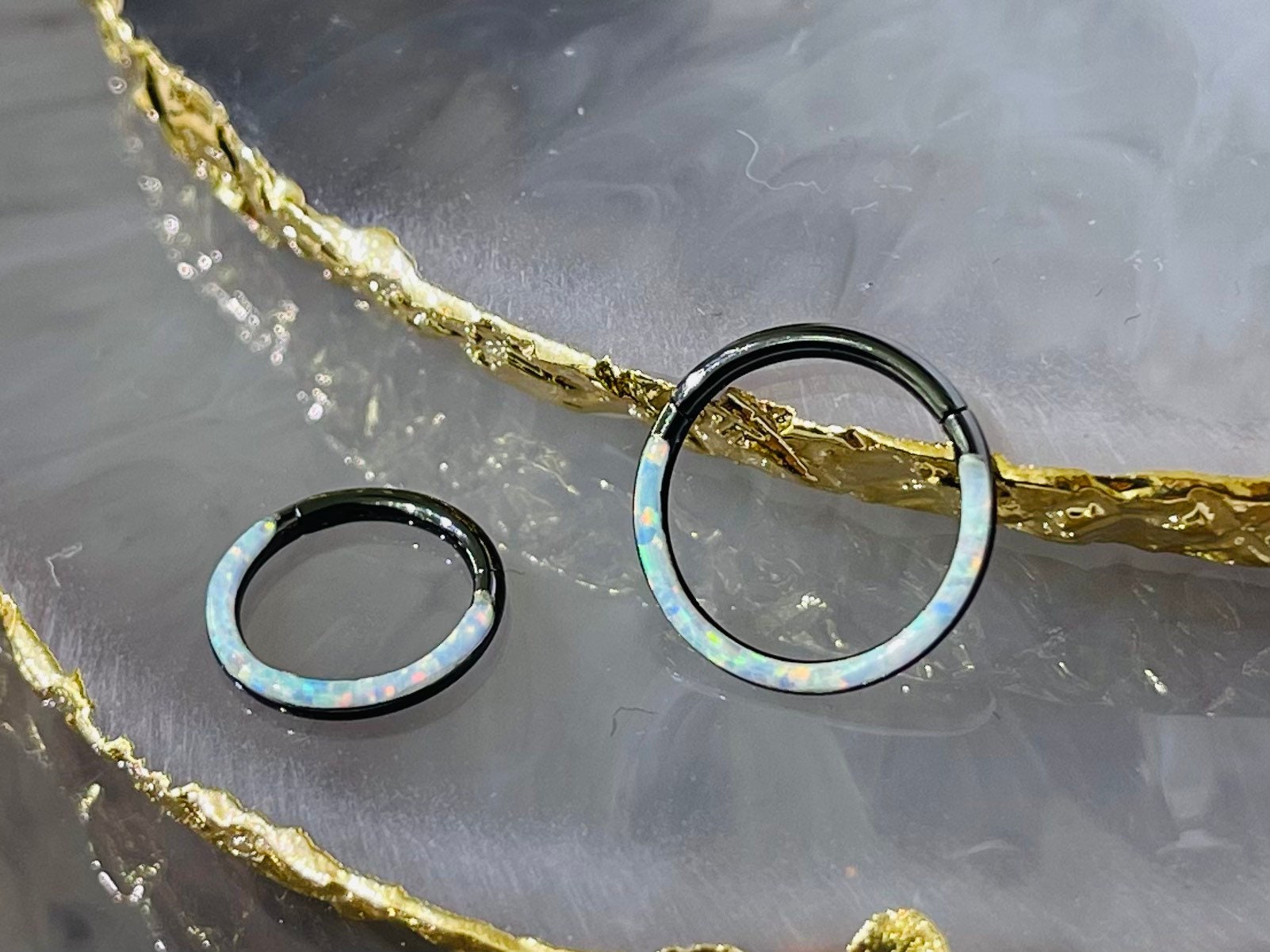 16G Surgical Steel Black White Opal Inlay Septum Clicker Ring. Septum Piercing.