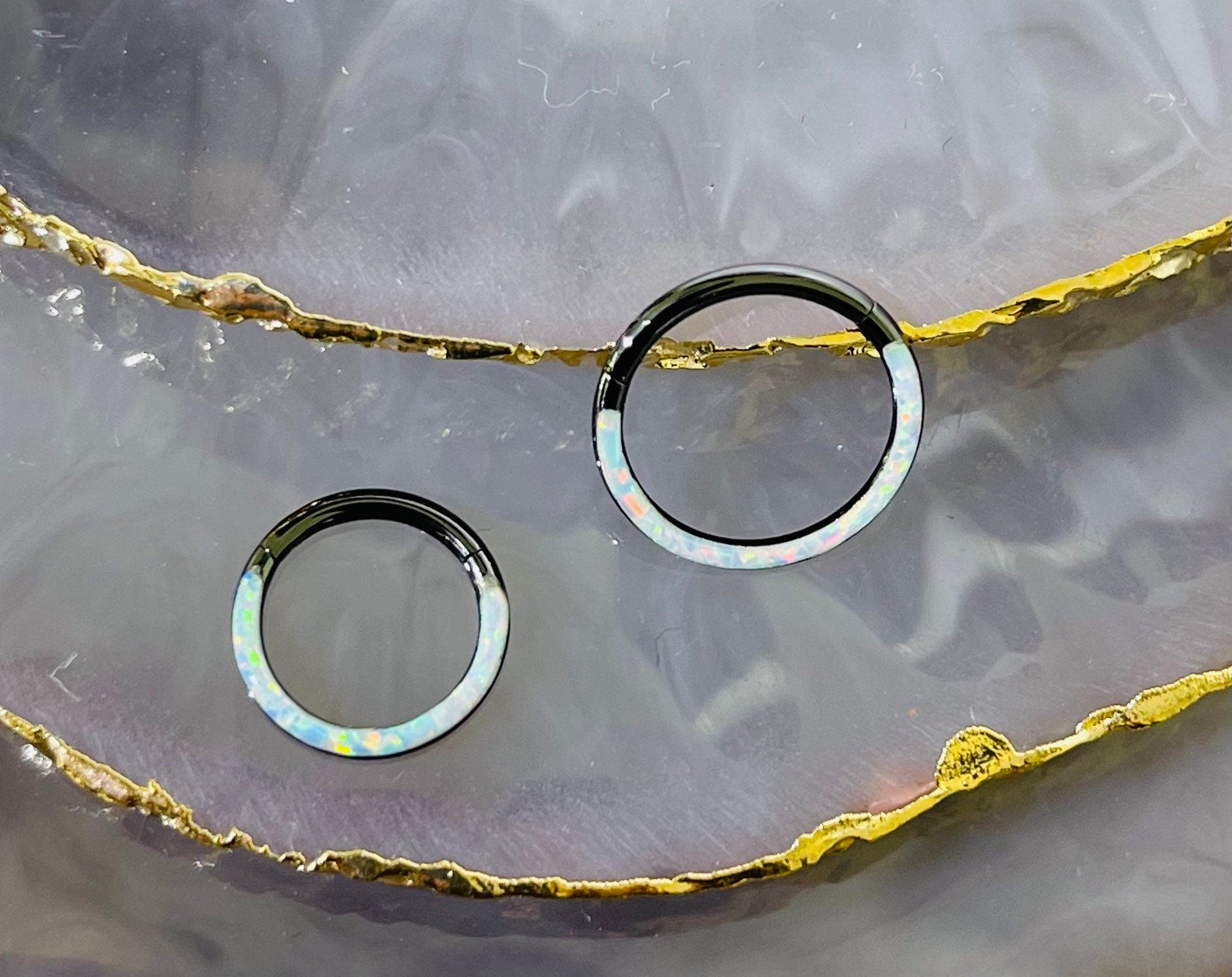 16G Surgical Steel Black White Opal Inlay Septum Clicker Ring. Septum Piercing.