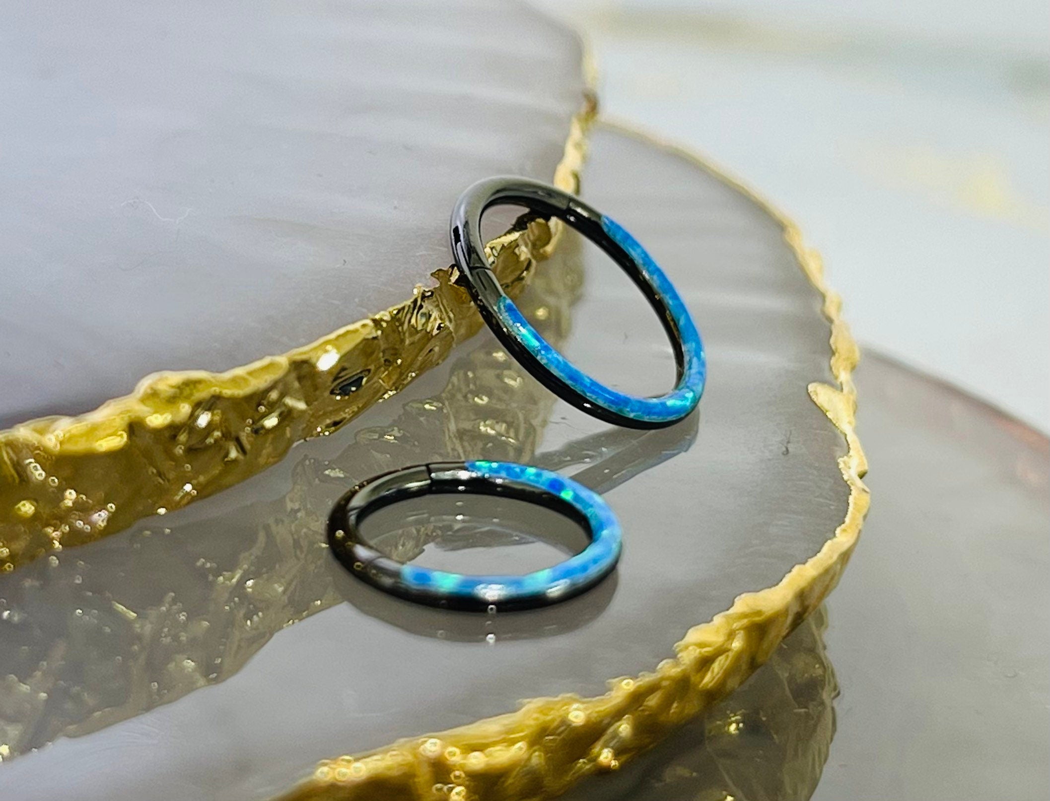 16G Surgical Steel Black & Blue Opal Inlay Septum Clicker Ring. Septum Piercing.