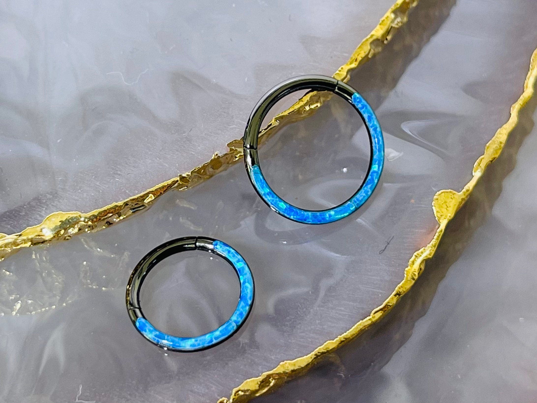 16G Surgical Steel Black & Blue Opal Inlay Septum Clicker Ring. Septum Piercing.