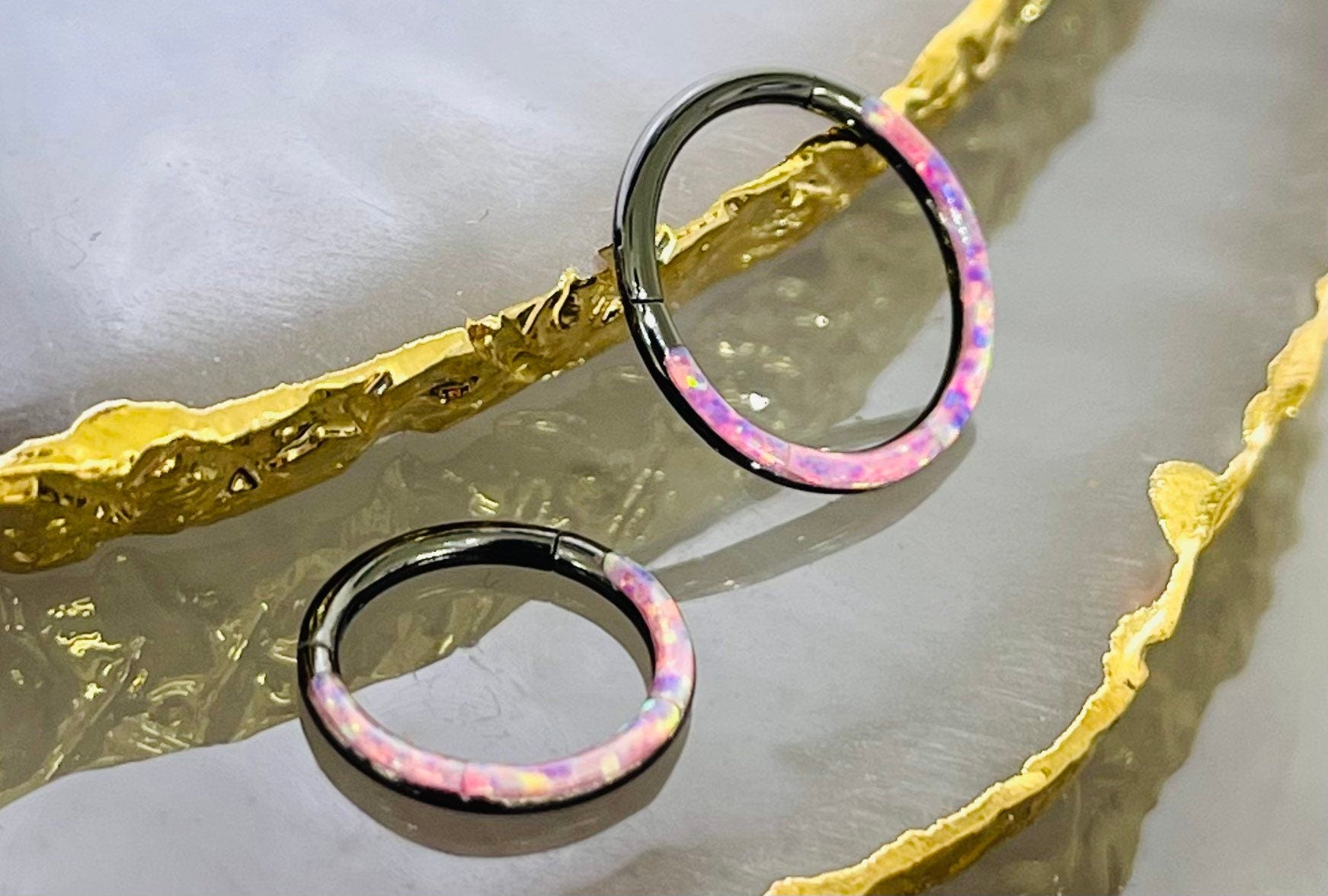 16G Black & Pink Opal Inlay Hinged Septum Clicker Ring. Septum Piercing. Septum Ring. Nose Ring. Body Jewelry.