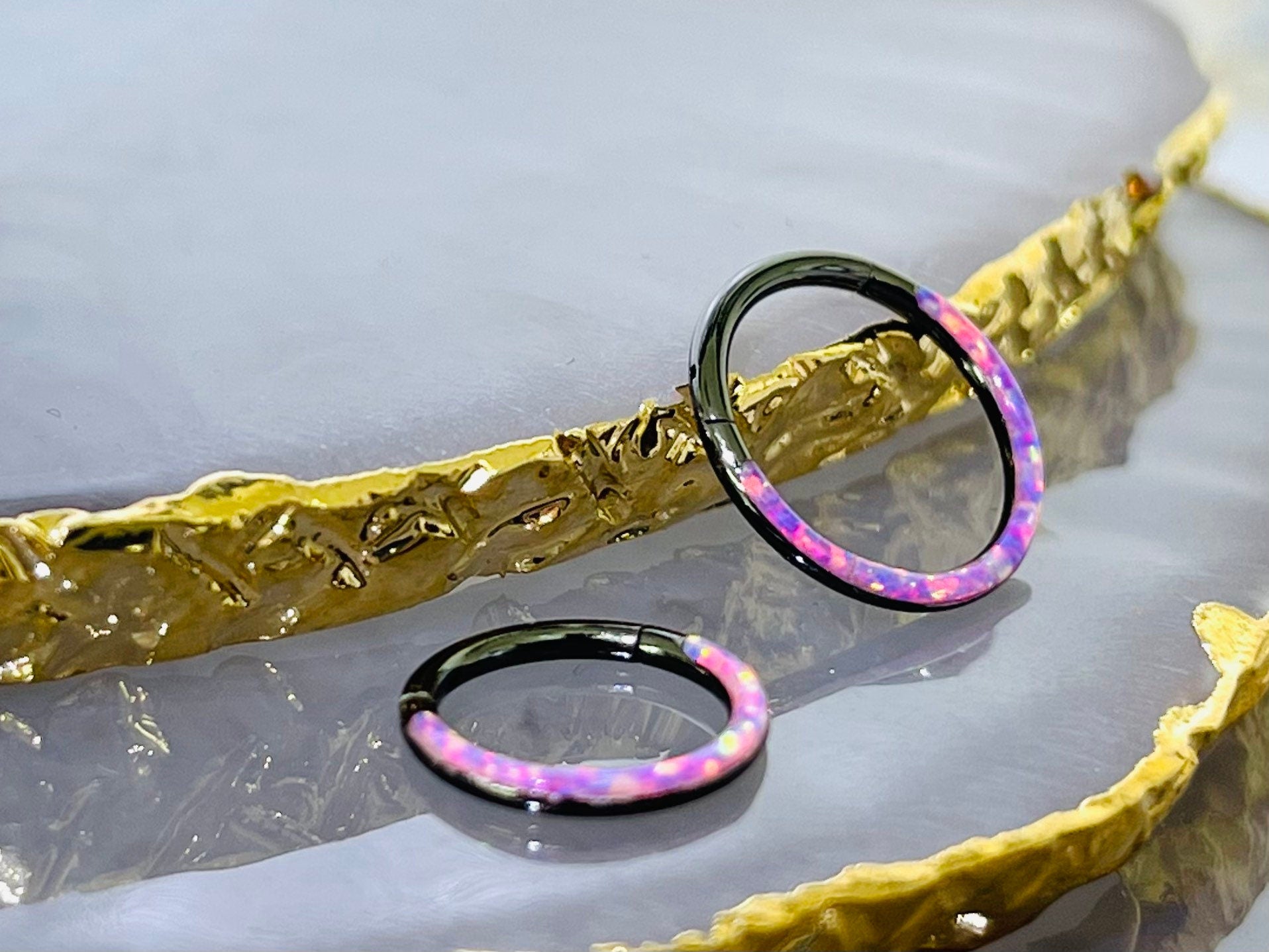 16G Black & Pink Opal Inlay Hinged Septum Clicker Ring. Septum Piercing. Septum Ring. Nose Ring. Body Jewelry.