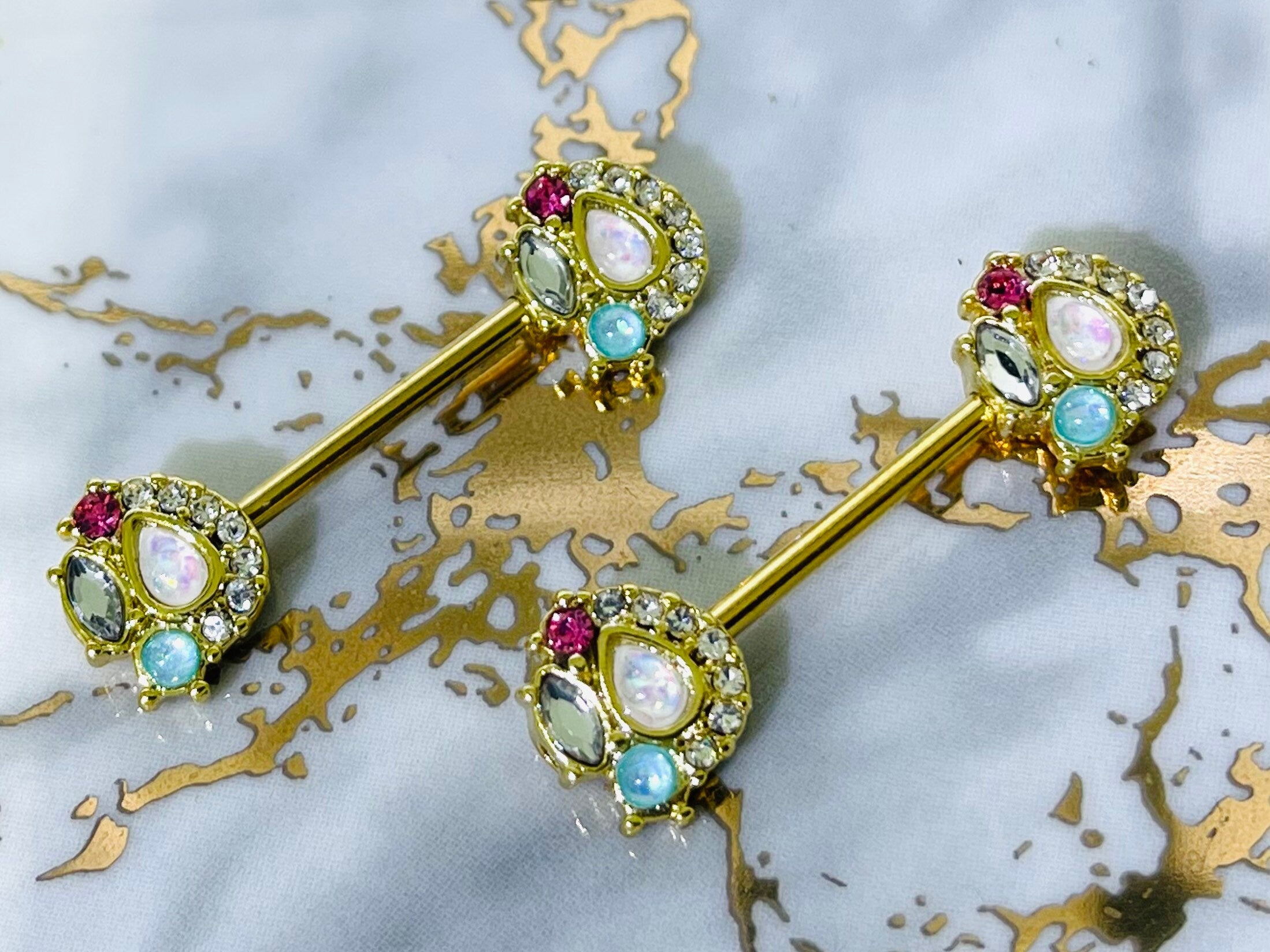 Pair of 14G Gold Sparkling Opal Medley Nipple Barbells. Nipple Piercing. Nipple Jewelry. Nipple Rings.