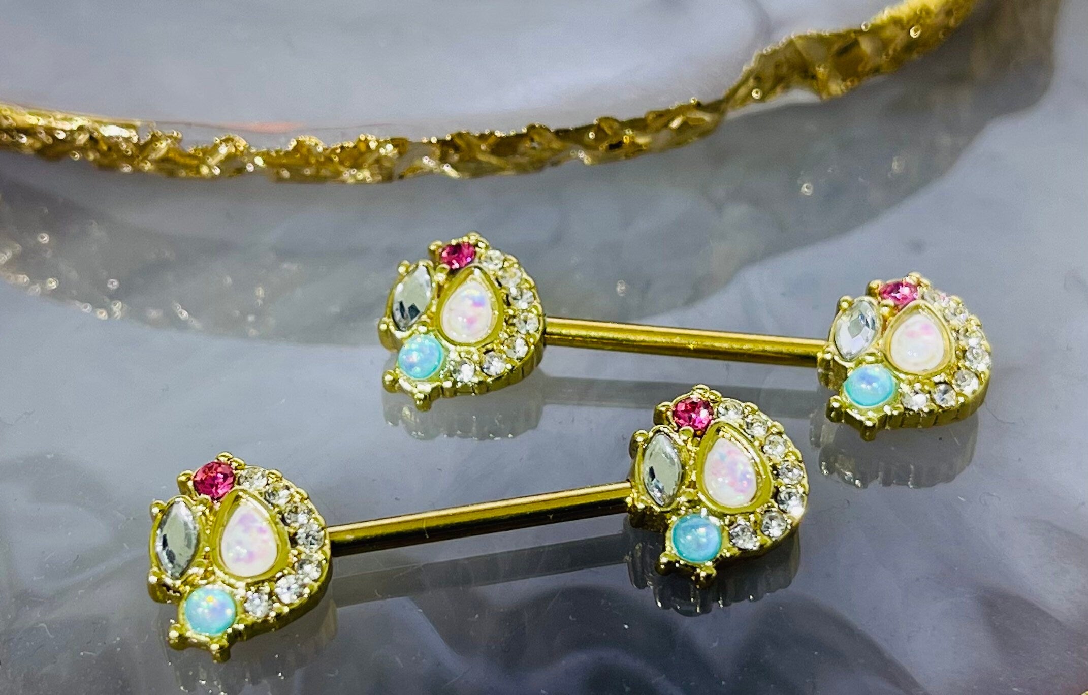 Pair of 14G Gold Sparkling Opal Medley Nipple Barbells. Nipple Piercing. Nipple Jewelry. Nipple Rings.