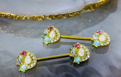 Pair of 14G Gold Sparkling Opal Medley Nipple Barbells. Nipple Piercing. Nipple Jewelry. Nipple Rings.