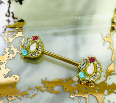 Pair of 14G Gold Sparkling Opal Medley Nipple Barbells. Nipple Piercing. Nipple Jewelry. Nipple Rings.