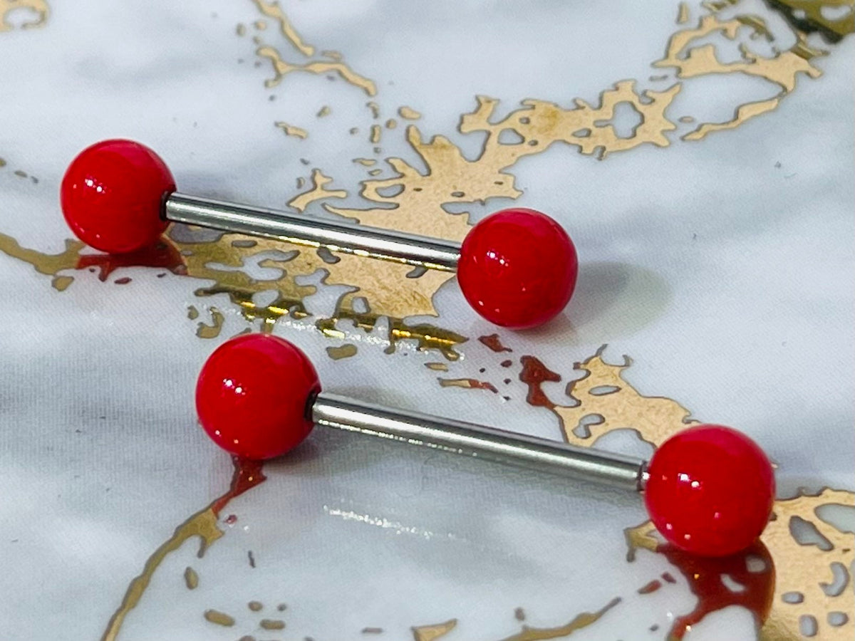 Pair of 14G Basic Solid Red Nipple Barbell. Nipple Rings. Nipple Piercing. Nipple Jewelry