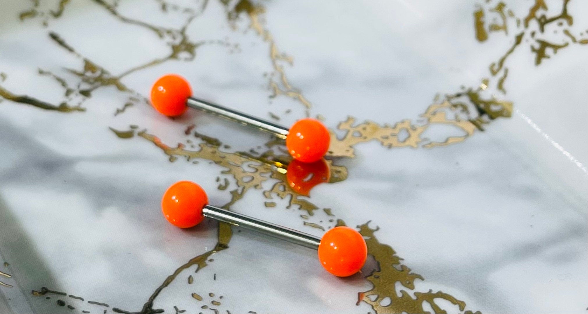 Pair of 14G Basic Solid Orange Nipple Barbell. Nipple Rings. Nipple Piercing. Nipple Jewelry