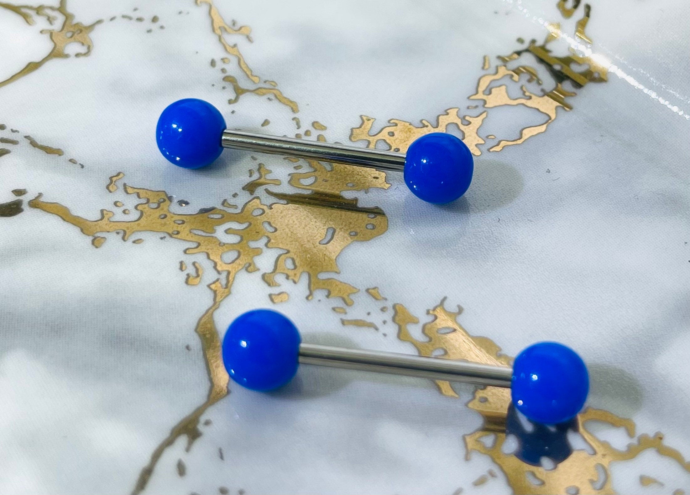 Pair of 14G Basic Petite Solid Blue Nipple Barbell. Nipple Rings. Nipple Piercing. Nipple Jewelry. Petite Nipple Jewelry