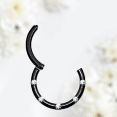 16G Black Round Hinged Septum Clicker Ring with Multiple Clear Gems