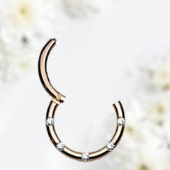 16G Rose Gold Round Hinged Septum Clicker Ring with Multiple Clear Gems