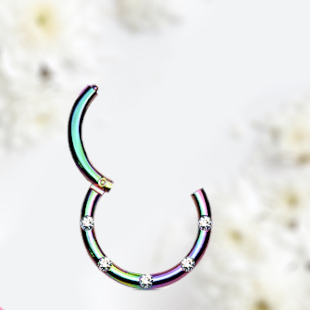 16G Rainbow Round Hinged Septum Clicker Ring with Multiple Clear Gems