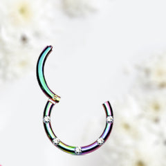 16G Rainbow Round Hinged Septum Clicker Ring with Multiple Clear Gems