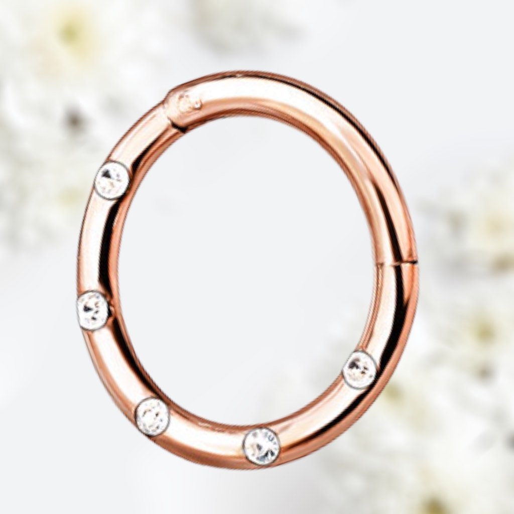 16G Rose Gold Round Hinged Septum Clicker Ring with Multiple Clear Gems