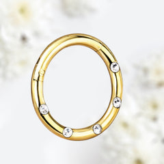 16G Gold Round Hinged Septum Clicker Ring with Multiple Clear Gems