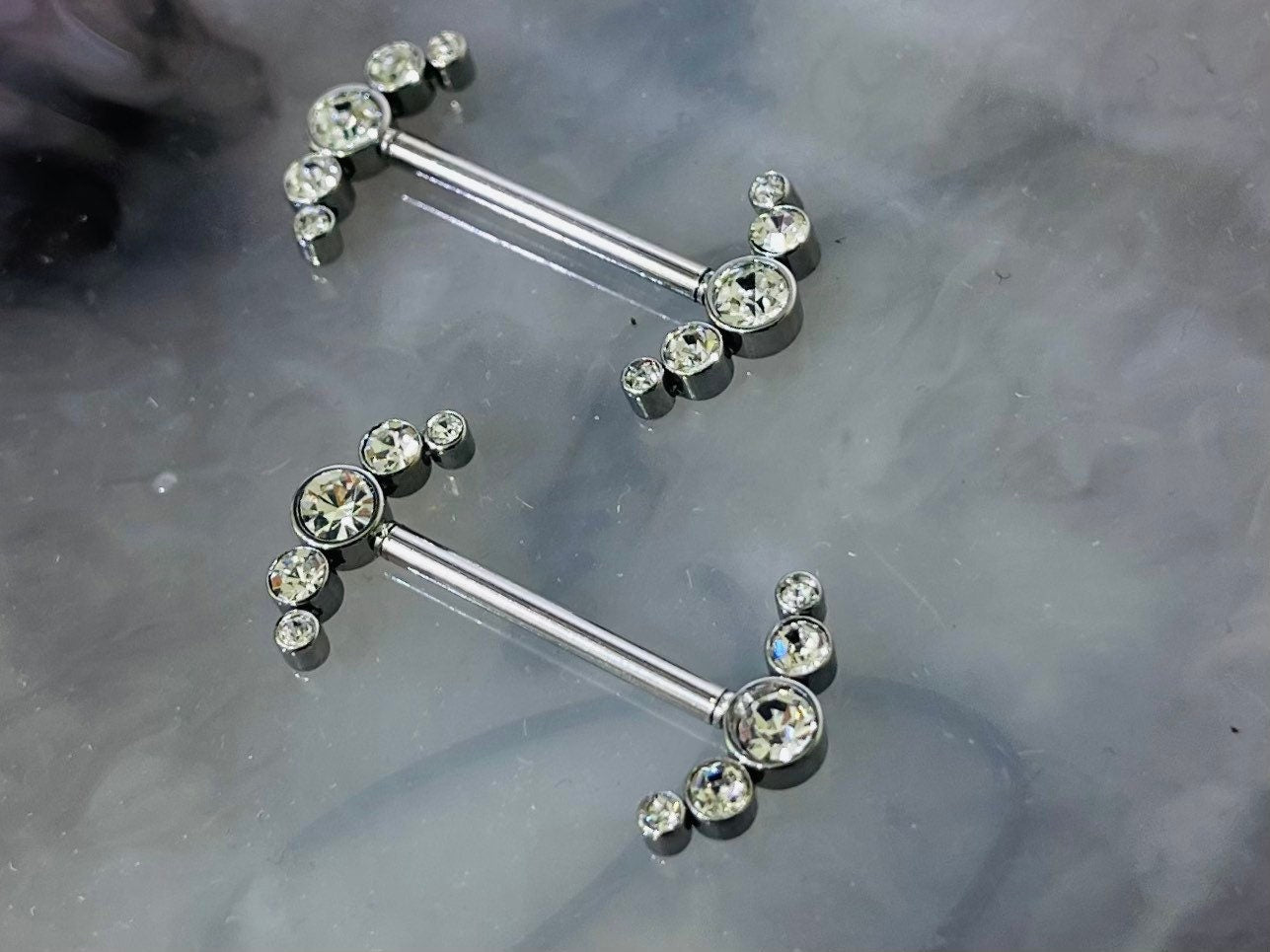 Pair of 14G Internally Threaded Sparkling Clear Stone Ray Nipple Barbell. Nipple Jewelry. Nipple Piercing.