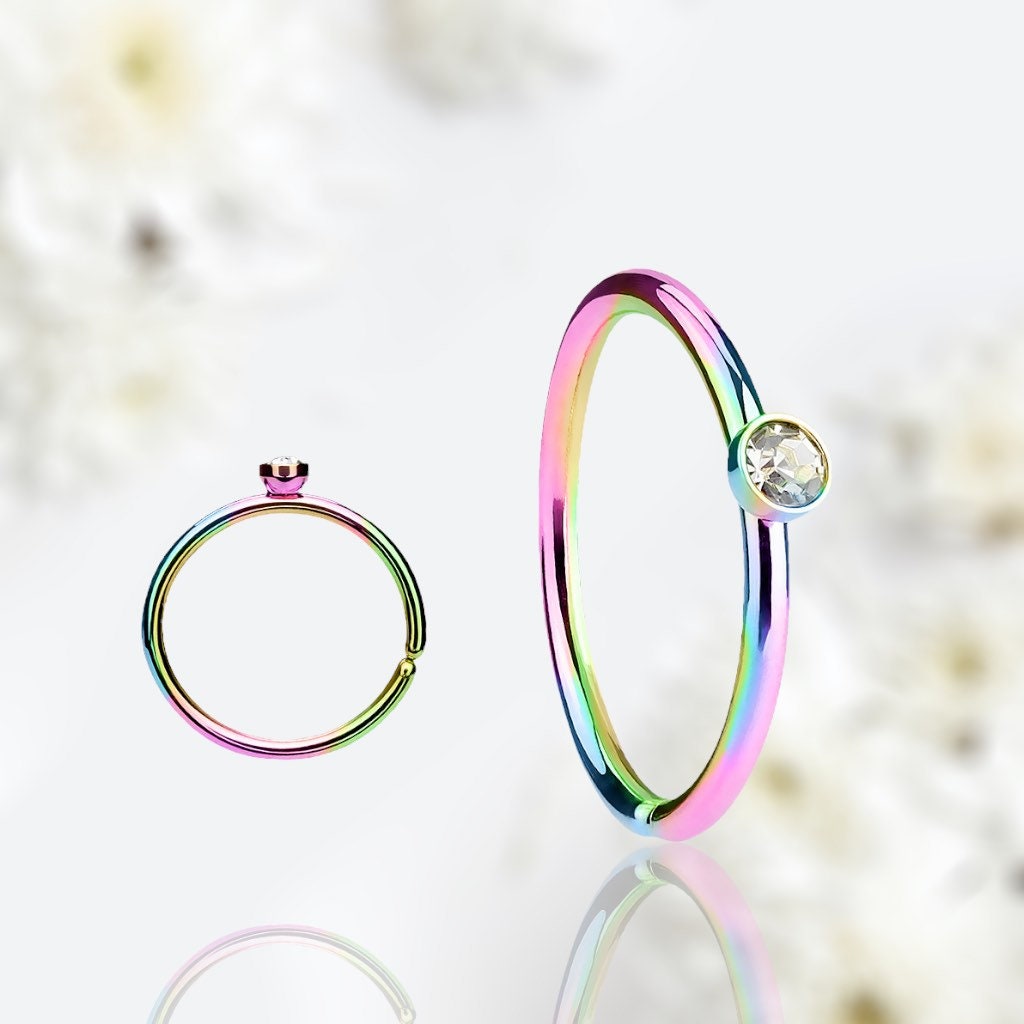 20G Rainbow Clear Stone Top Bendable Nose Hoop. Cartilage Hoop. Nose Ring. Nose Piercing. Cartilage Piercing.