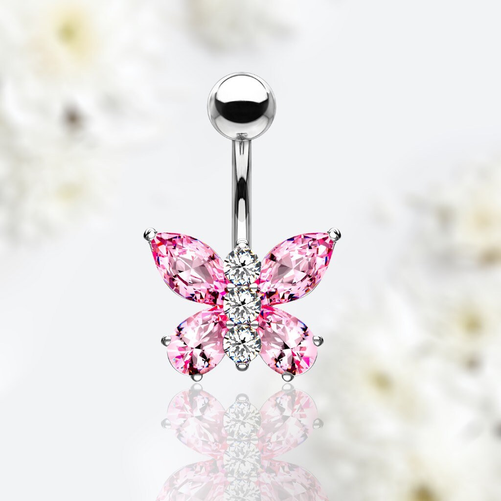 Dainty Pink Butterfly Belly Ring. Belly Piercing. Navel Piercing. Body Jewelry. Belly Button Ring.