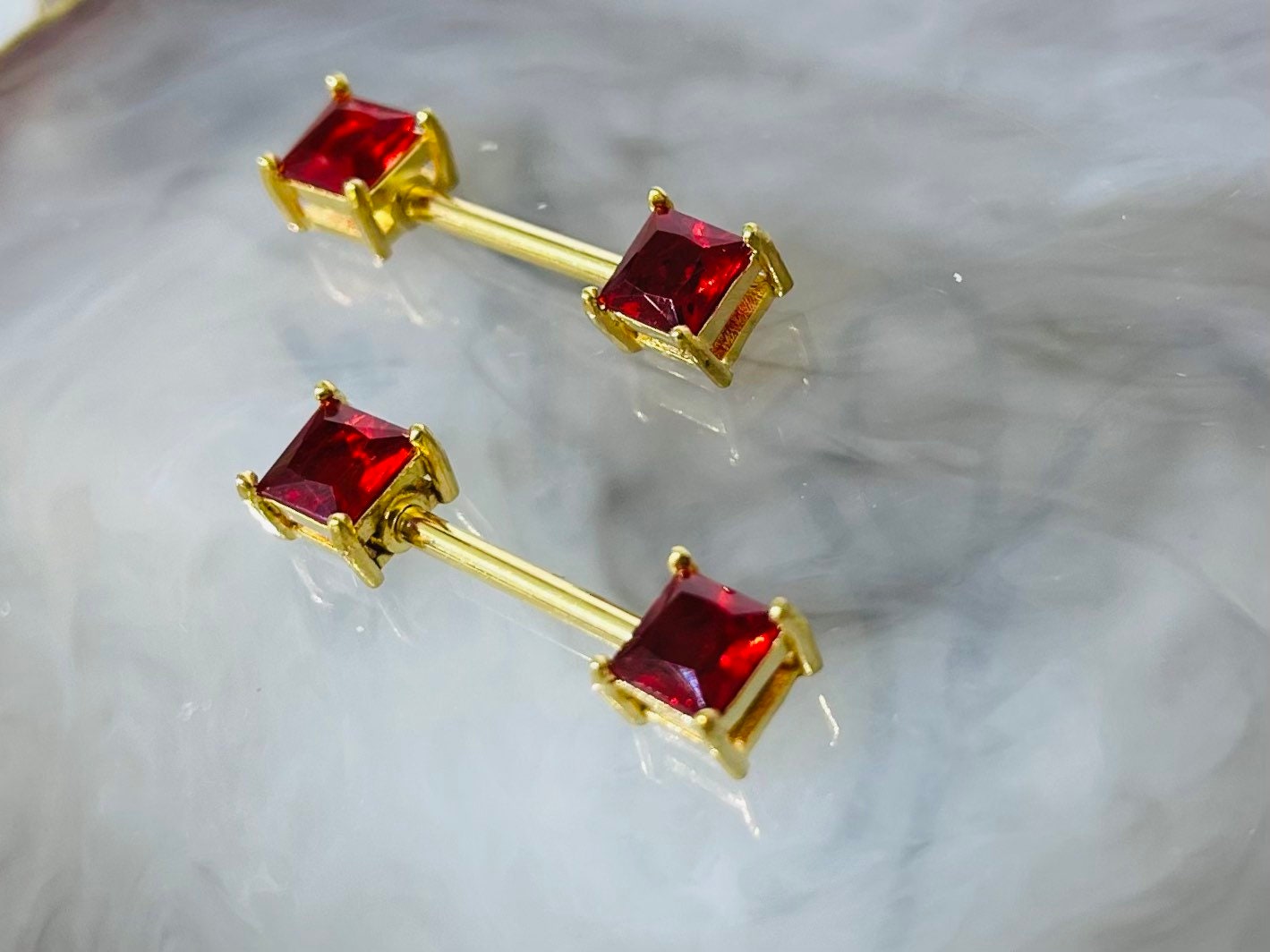 Pair of 14G Gold Sparkling Red Square Stone Nipple Barbell. Nipple Jewelry. Nipple Piercing.