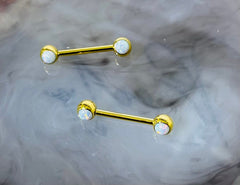 Pair of 14G Gold Internally Threaded White Opal End Nipple Barbell. Nipple Jewelry. Nipple Piercing. Nipple Rings.