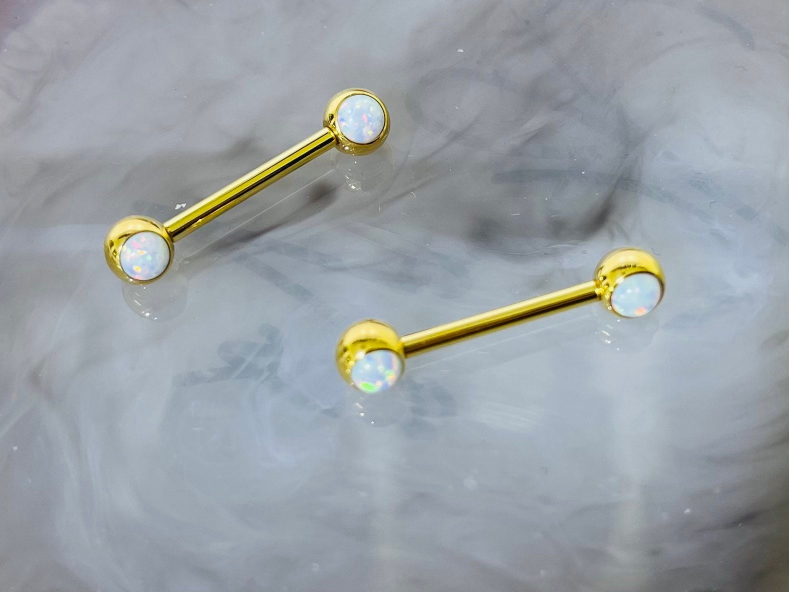 Pair of 14G Gold Internally Threaded White Opal End Nipple Barbell. Nipple Jewelry. Nipple Piercing. Nipple Rings.