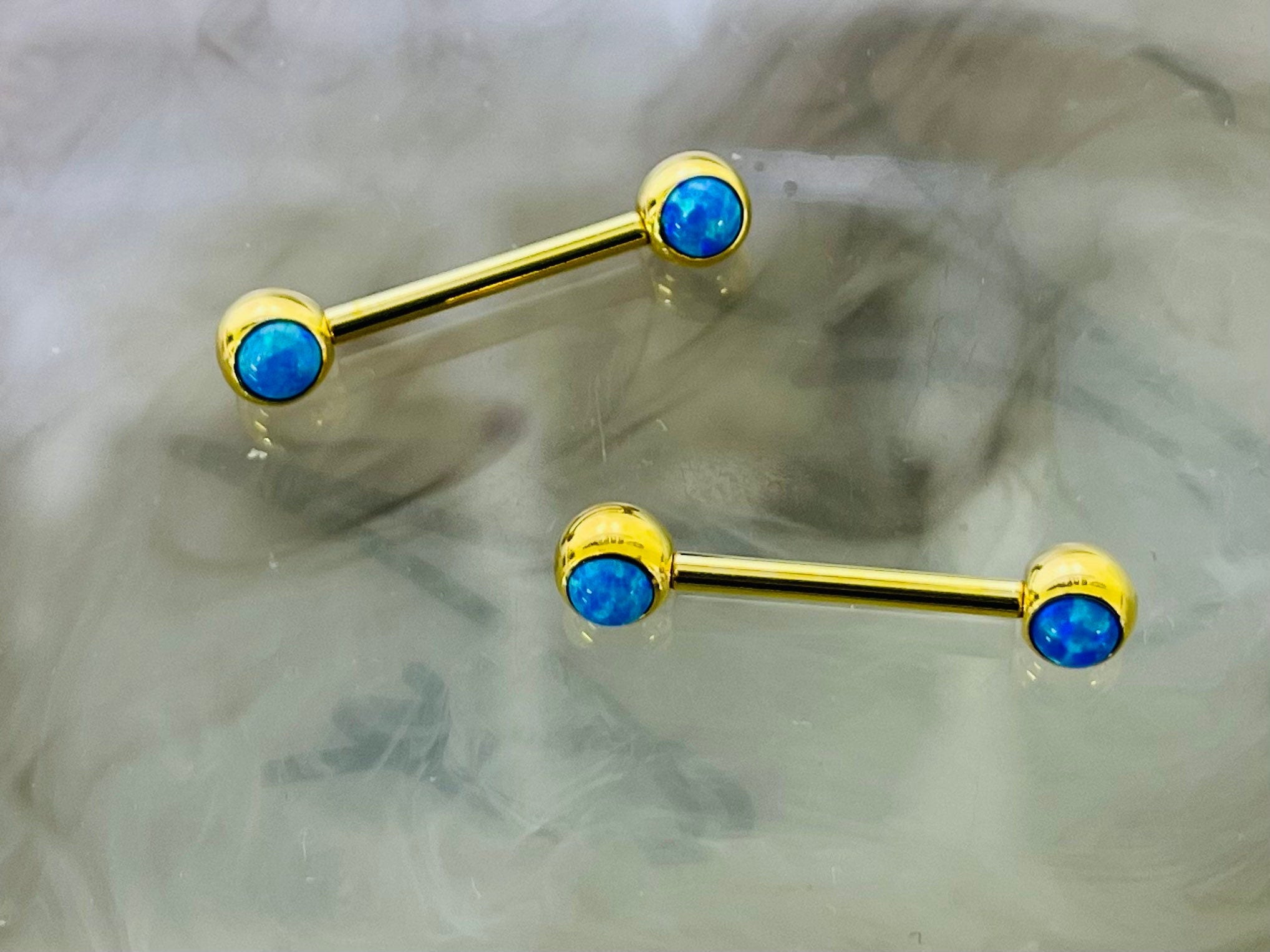 Pair of 14 Gold Internally Threaded Blue Opal End Nipple Barbell. Nipple Jewelry. Nipple Piercing. Nipple Rings.