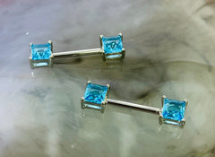 Pair of 14G Silver Sparkling Blue Square Stone Nipple Barbell. Nipple Jewelry. Nipple Piercing.