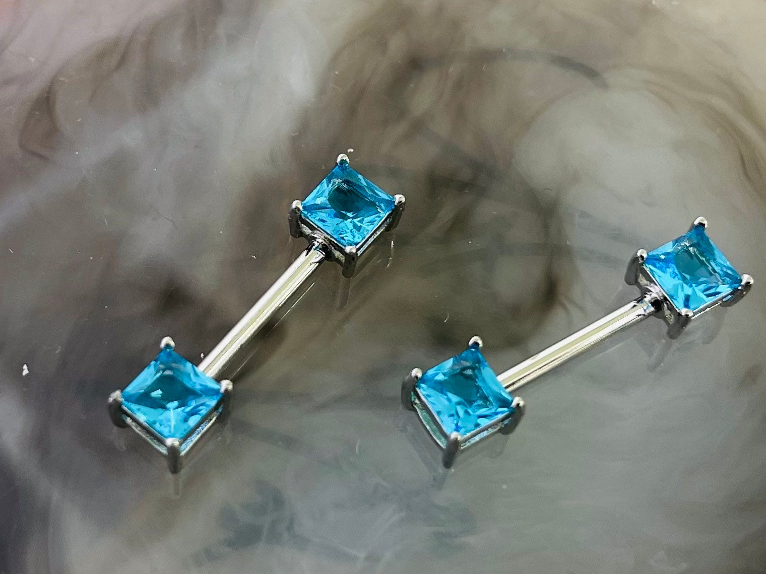 Pair of 14G Silver Sparkling Blue Square Stone Nipple Barbell. Nipple Jewelry. Nipple Piercing.