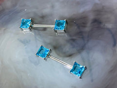 Pair of 14G Silver Sparkling Blue Square Stone Nipple Barbell. Nipple Jewelry. Nipple Piercing.