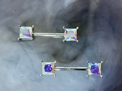 Pair of 14G Silver Sparkling Iridescent Square Stone Nipple Barbell. Nipple Jewelry. Nipple Piercing.