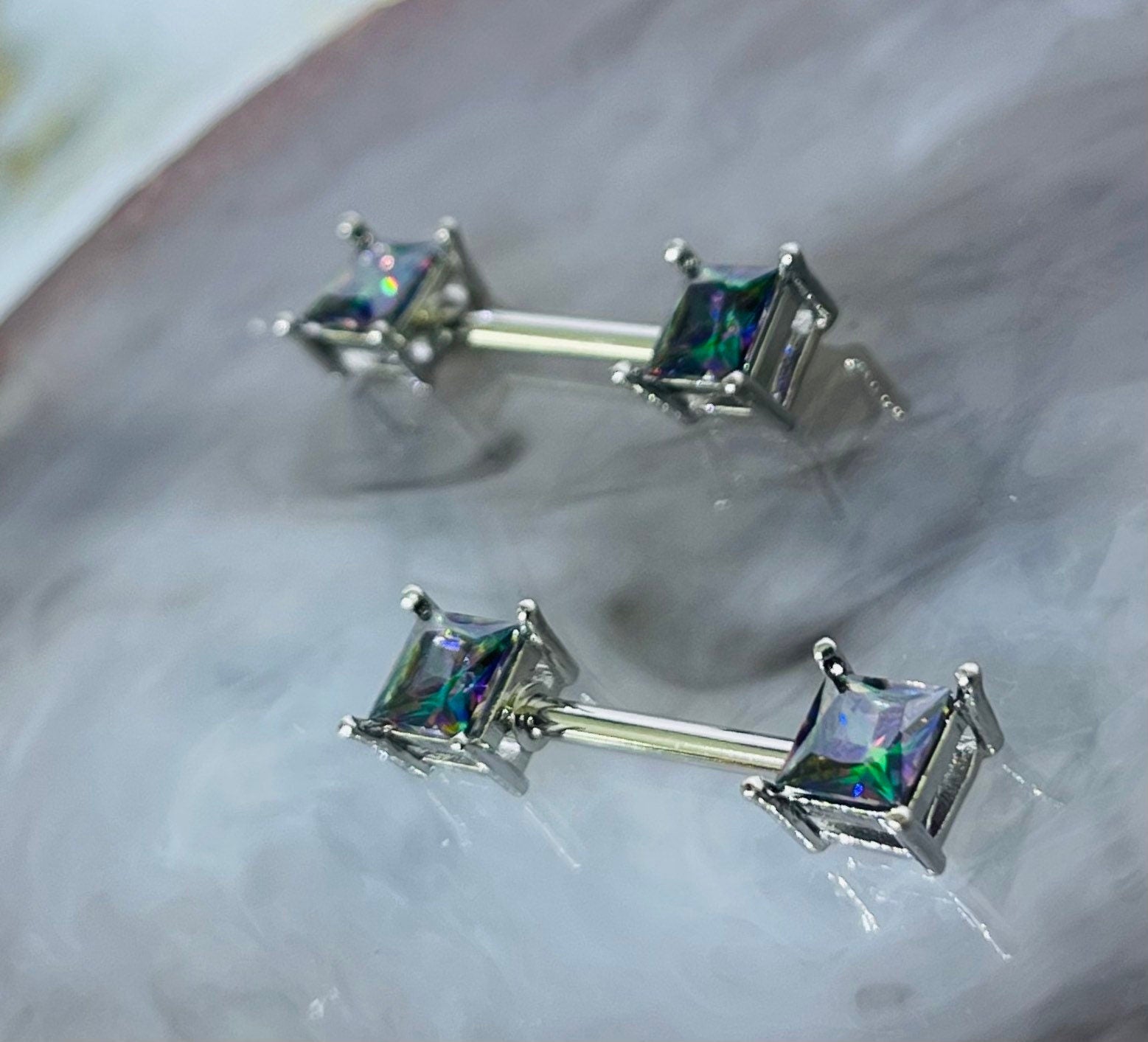 Pair of 14G Silver Sparkling Multicolor Square Stone Nipple Barbell. Nipple Jewelry. Nipple Piercing.