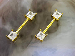 Pair of 14G Gold Sparkling Clear Square Stone Nipple Barbell. Nipple Jewelry. Nipple Piercing.