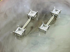 Pair of 14G Silver Sparkling Clear Square Stone Nipple Barbell. Nipple Jewelry. Nipple Piercing.