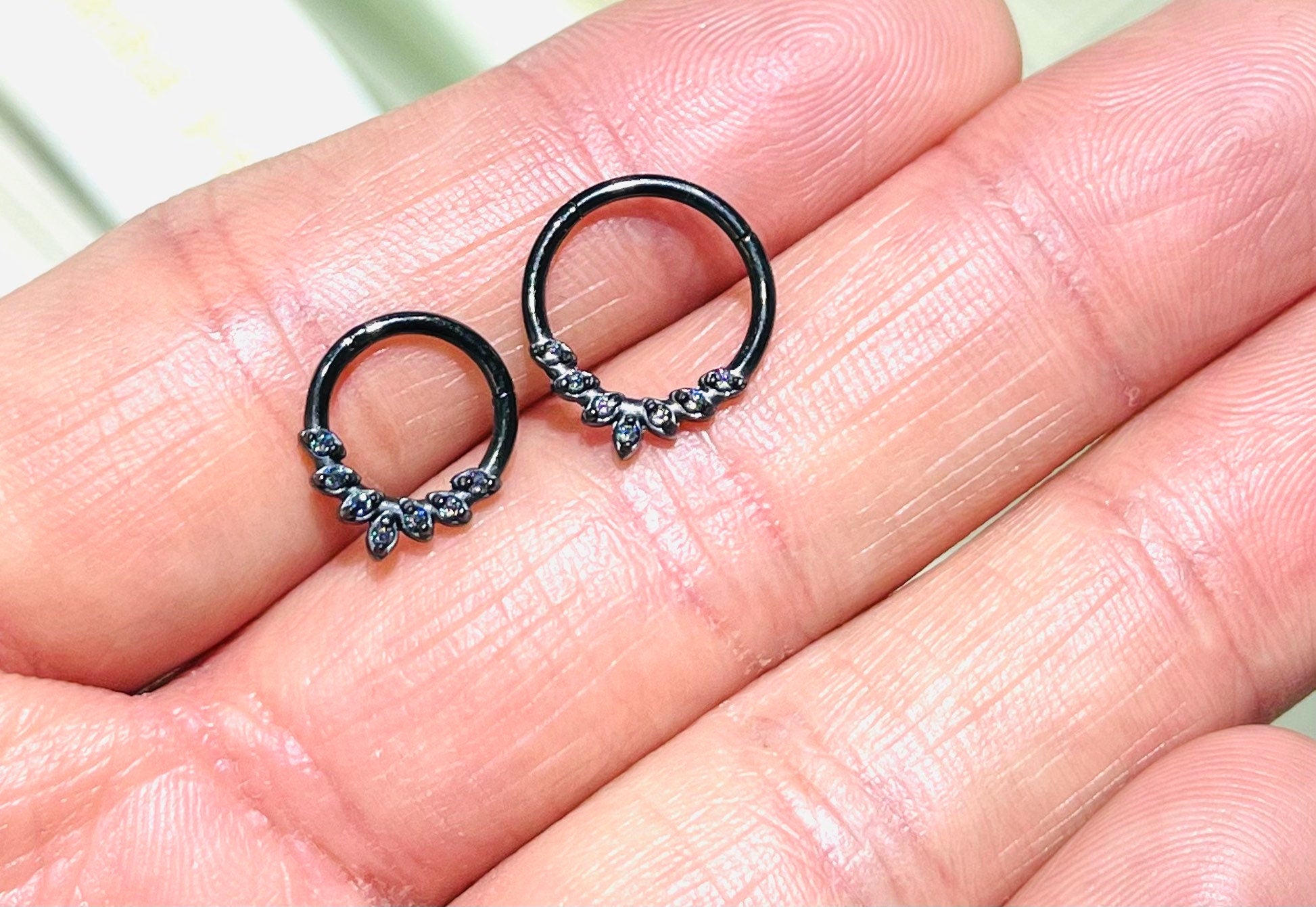 16G Surgical Steel Black Dainty Sparkling Leaves with Multicolor Stones Hinged Septum Clicker Ring. 8MM & 10MM