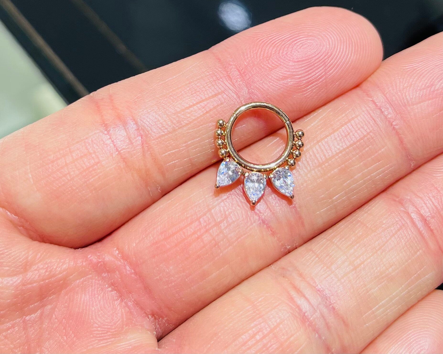 16G Rose Gold Pear Shape Beaded Hinged Clicker Ring for Septum, Daith & More