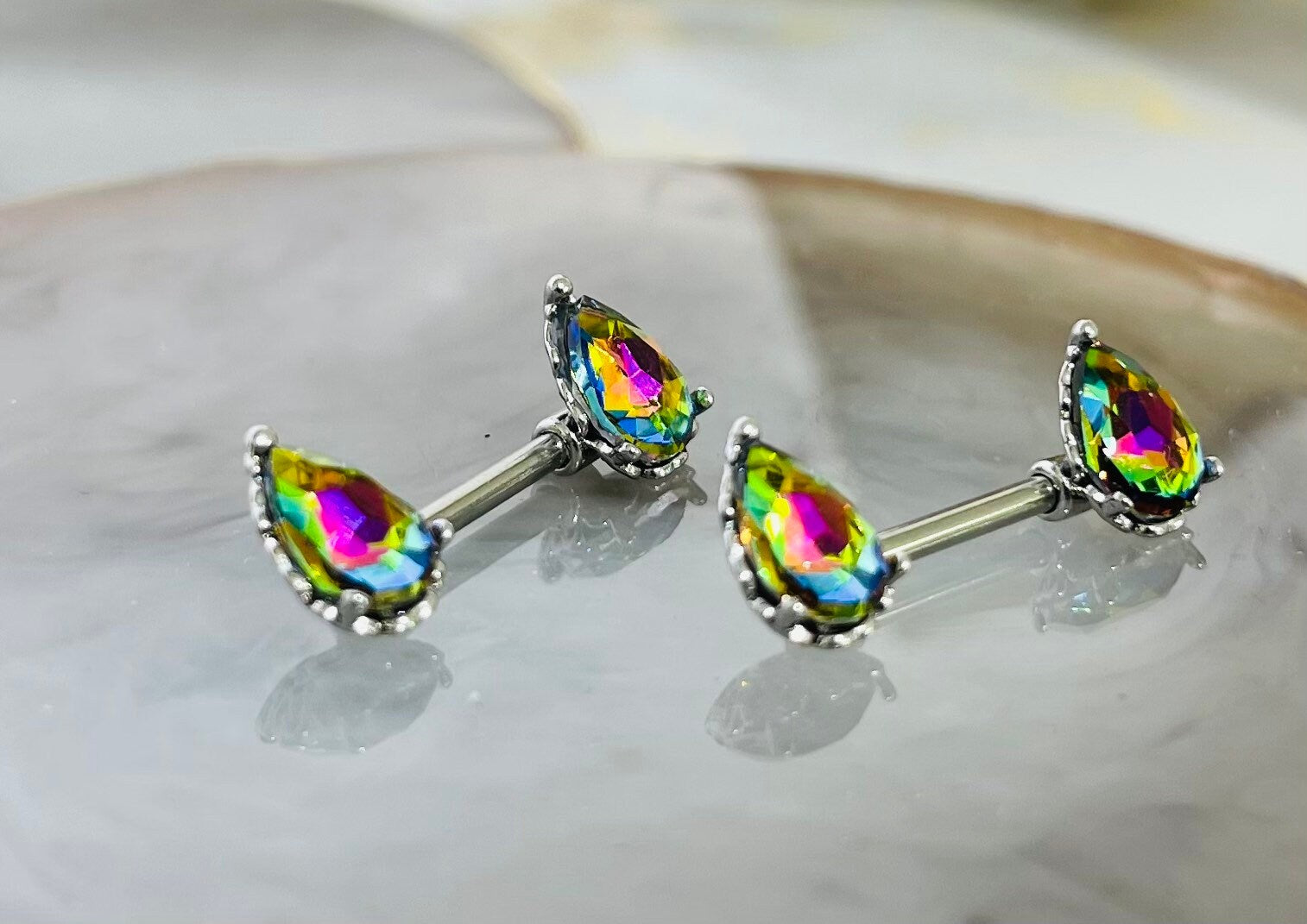 Pair of 14G Sparkling Multicolor Effect Teardrop Stones Nipple Barbells. Nipple Piercing. Nipple Rings. Nipple Jewelry